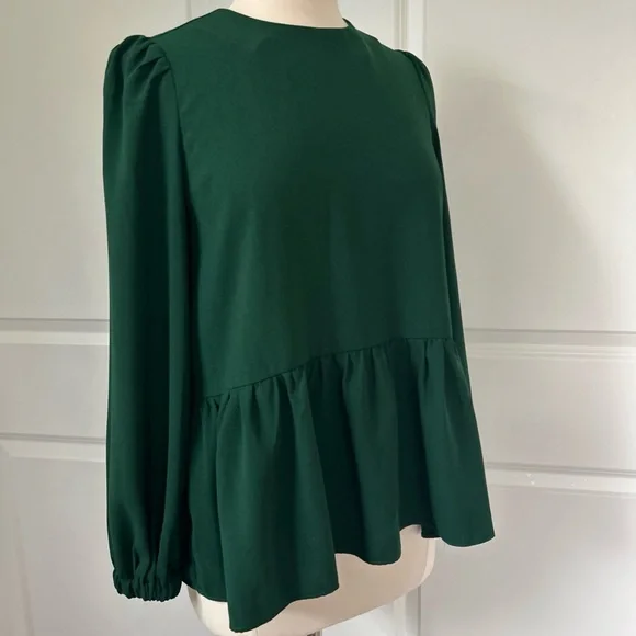 POMANDER PLACE Tuckernuck sz XS CARLOTA Peplum Blouse Top Hunter Green - Picture 3 of 4